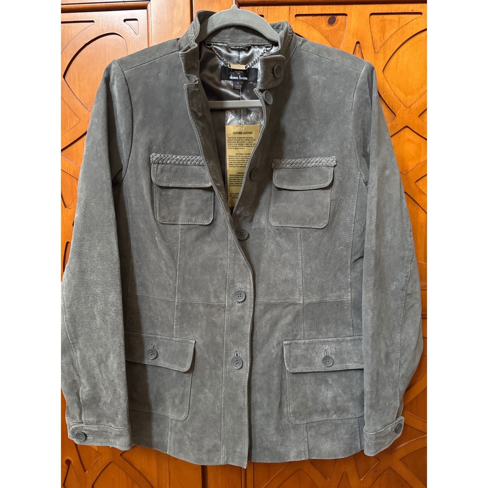 Dennis Basso Grey Washable Genuine Leather Suede Jacket Braided Trim Small